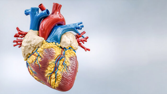 Heart anatomy model showcasing arteries, veins, and chambers with vibrant colors for educational purposes in a clear blue background