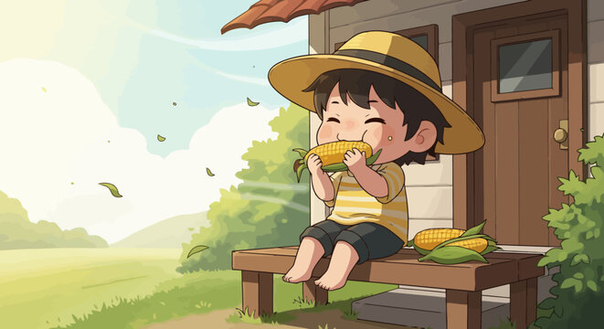 Adorable child in straw hat enjoying a delicious ear of corn.