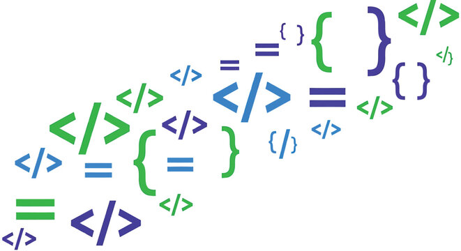 Programming, coding symbols, HTML code elements, developer syntax icons, blue green vector graphics