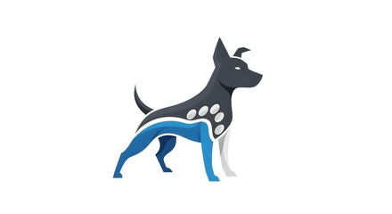 Obraz premium Stylized graphic illustration of a standing dog with blue legs and white spots.