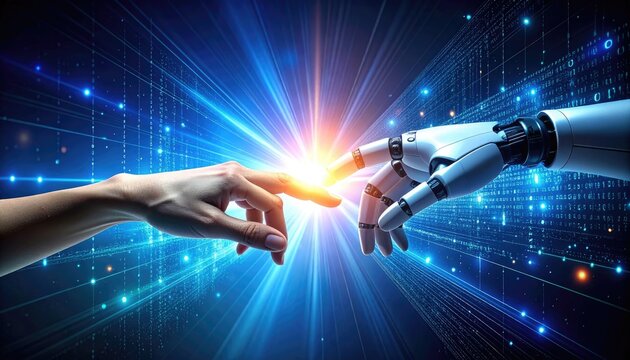 A striking visual depicts a human hand gently touching a robotic hand, symbolizing the convergence of humanity and artificial intelligence against a backdrop of digital code and vibrant light.