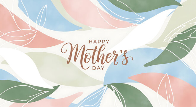 A colorful Happy Mother's Day card on transparent background with pastel leaves