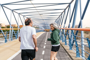 Fototapeta premium Active senior couple exercising together, running on a pedestrian bridge, symbolizing healthy aging and a vibrant lifestyle