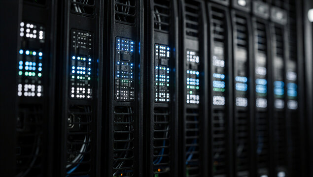 Close-Up of Multiple Black Server Rack Units with Glowing Blue White and Green LED Indicator Lights and Cables in Dark Data Center, Cloud Computing Big Data Technology Infrastructure Photography