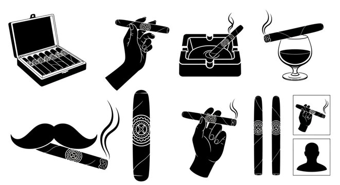 Cigar, smoking, vector icons, black silhouettes, luxury lifestyle, tobacco accessories