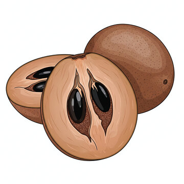 Sapodilla fruit vector illustration, whole and sliced chikoo isolated on white. 