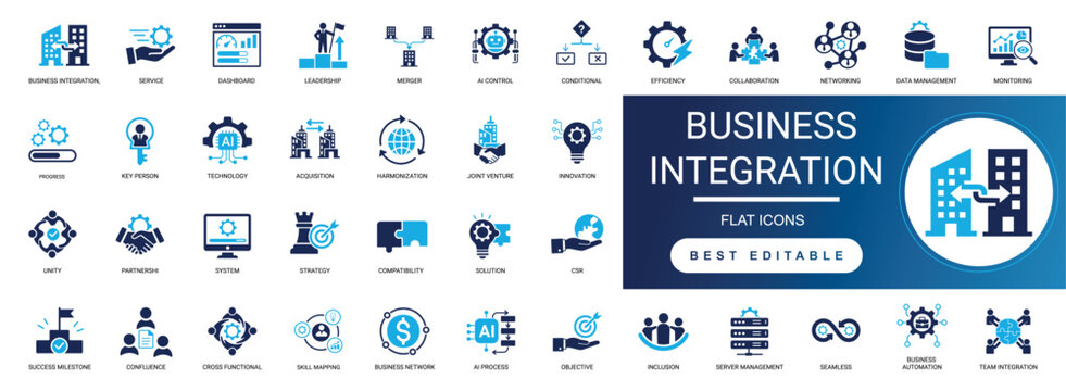 business integration icon set. strategy, governance, alliance, network, workflow, automation, connectivity, system, management, collaboration. editable solid vector illustration pack.