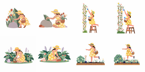 Fototapeta premium Set of Flat Vector Illustrations Showing Little Girls in Yellow Dresses Hunting for Easter Eggs in a Spring Garden with Flowers