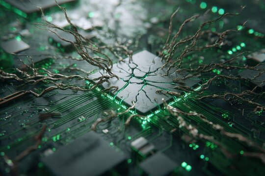 Cracked computer chip with glowing green circuits and wires