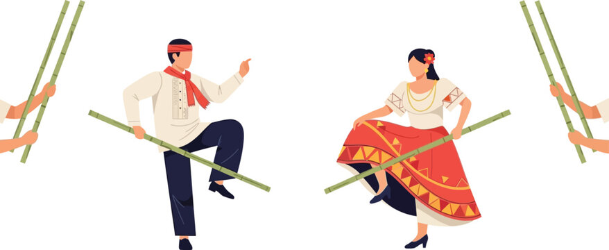 Filipino man and woman perform traditional Tinikling folk dance with bamboo poles.
