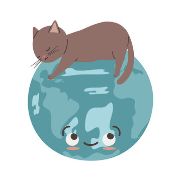 cute hand drawn cartoon character havana brown cat sleeping on planet earth funny concept vector illustration isolated on white background