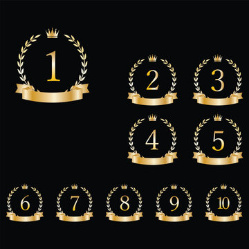 Set of golden number ranking icons from 1 to 10 with laurel wreaths, crowns, and ribbons isolated on transparent background