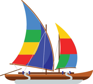Vibrant traditional Philippine outrigger sailboat with colorful sails cruises tropical waters.