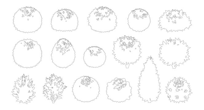 Minimalist architectural tree symbols, set of 14 outline landscape plan icons, black and white vector vegetation for site mapping and garden design