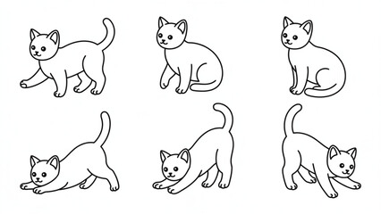 Obraz premium Isometric Domestic Cat Pose Collection Walking, Sitting, Playing Cute Kitten Line Art Set