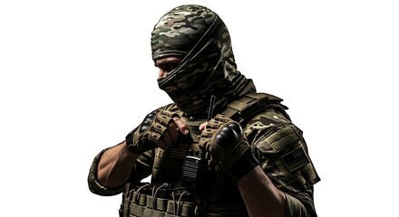 Fototapeta premium Soldier in Camouflage Balaclava with Tactical Gear Isolated