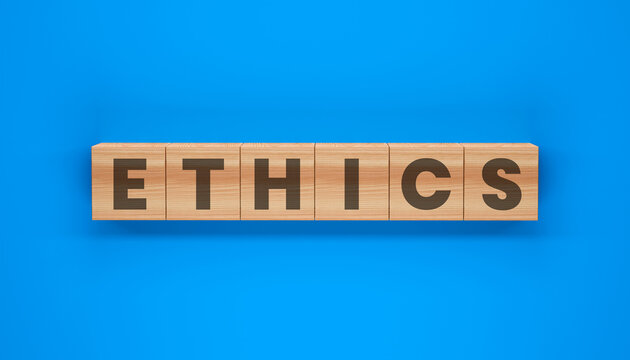 Ethics Written in Blocks: a striking visual representation of the word Ethics, spelled out with individual wooden blocks against a clean, uncluttered background, serving as a powerful visual metaphor.