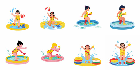 Fototapeta premium Set of Illustrations Featuring Young Girls in Swimsuits Playing in Inflatable Wading Pools with Various Summer Toys