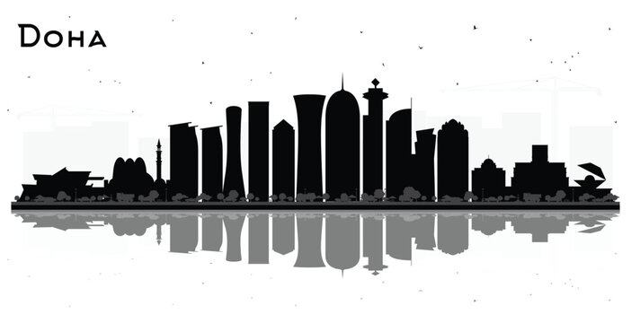 Doha Qatar City Skyline Silhouette with Black Buildings and reflections Isolated on White. Business Travel and Tourism Concept with Modern Architecture. Doha Cityscape with Landmarks.