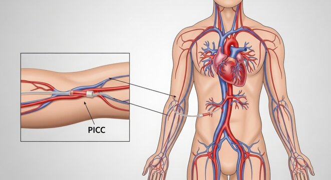 Detailed illustration of human circulatory system with picc line