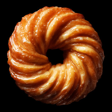 Shiny glazed cruller donut isolated on black background with clipping path, concept of sweet dessert appeal treat
