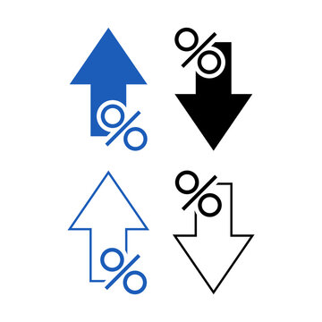 Percentage rate arrow icon set. Percent arrow up and down symbol. Price increase and decrease vector illustration. Profit sign. Up and down arrows with percentage pictogram. Financial growth concept. 