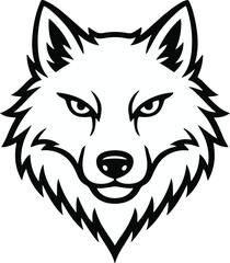 Fototapeta premium Fierce wolf head facing forward with sharp outline details, intense and powerful black and white vector illustration