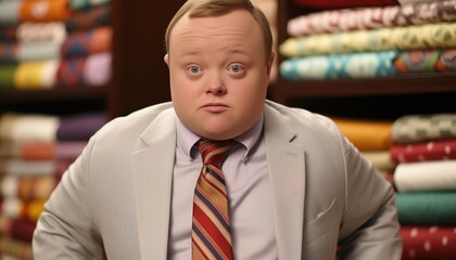 Obraz premium Man with Down syndrome working in furniture store