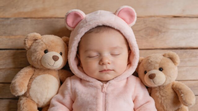 Baby in pink bear outfit sleeping with teddy bears