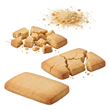 Delicious homemade shortbread cookies broken into pieces with crumbs on clean white surface for baking inspiration.