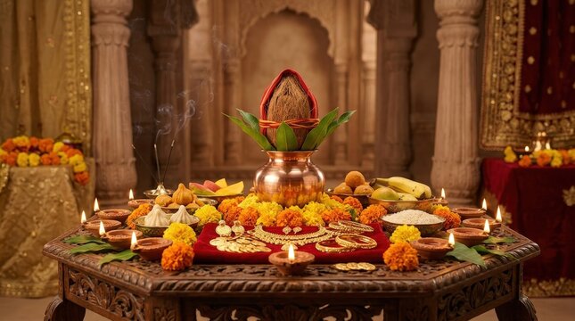 Akshaya tritiya celebration featuring a copper kalash and gold jewelry in a warm, cinematic temple setting.