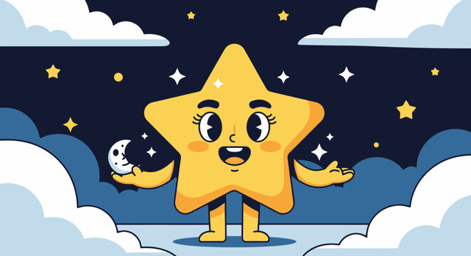 Cute cartoon star character with expressive face and small moon friend.