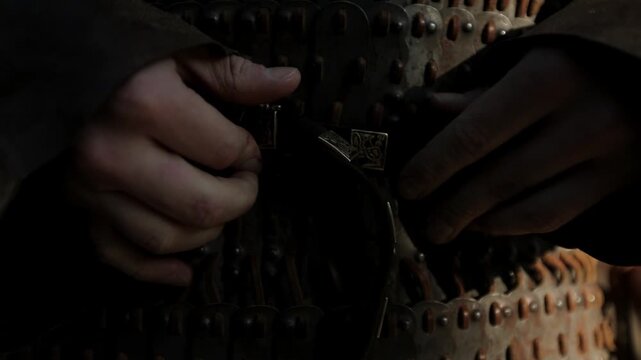 Extreme close-up of hands fastening buckle on ornate riveted medieval armor belt in warm sunlight. Cinematic battle preparation detail shot for historical reenactment and fantasy content.