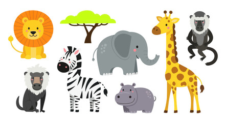 Naklejka premium Cute African Safari Animals Cartoon Collection Vector Illustration