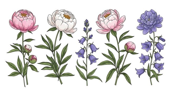 Botanical photo art featuring peony and campanula plants