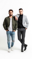Fototapeta premium Two stylish men pose for photo in studio setting