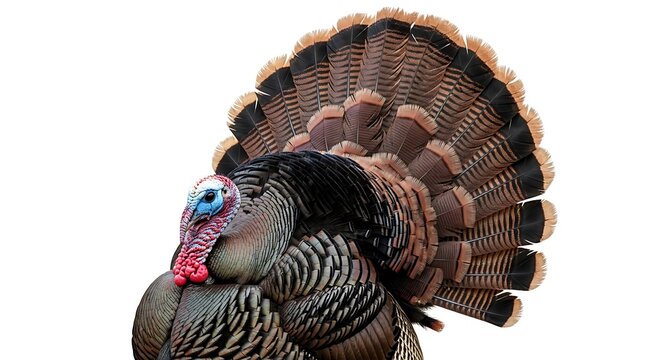 Portrait of a wild turkey, showcasing its elaborate tail and colorful head