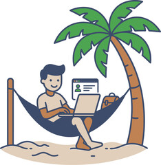 Fototapeta premium Remote Work Digital Nomad Relaxing on Beach Hammock Tropical Lifestyle Illustration