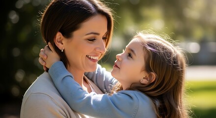 Fototapeta premium Happy mother and daughter embrace outdoors under sunlight, surrounded by greenery