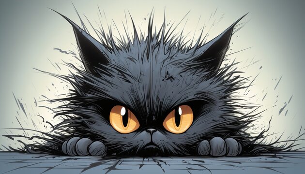 A cartoon black cat with yellow eyes and a menacing expression