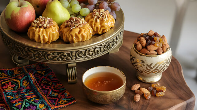 Traditional Middle Eastern sweets with fruits and nuts on ornate table setting