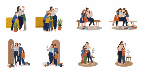Fototapeta premium Set of flat vector illustrations depicting mothers with children bonding while taking selfies and using mobile phones in various domestic interiors.