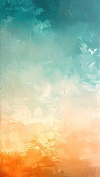 A vibrant abstract painting showcases a gradient of teal, pale yellow, and warm orange hues with visible brushstrokes.