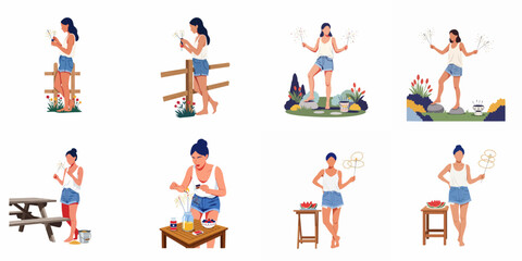 Fototapeta premium Collection of flat vector illustrations of a young woman celebrating summer and Independence Day with sparklers in different outdoor garden and picnic settings.