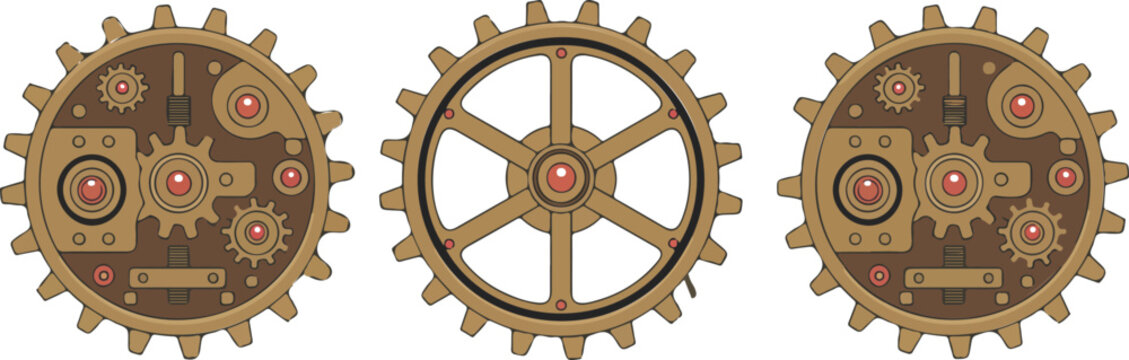 Set of steampunk mechanical gears and cogs vector illustration featuring brass clockwork elements with red ruby jewel accents.