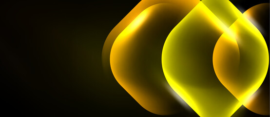 Naklejka premium Abstract golden shapes overlap black background. Soft glow creates dynamic visual effect. Minimalist design, modern aesthetic.