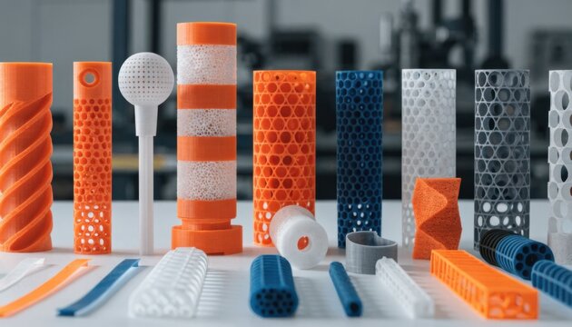 Medium shot presenting composite 3Dprinted pump parts combining strength and flexibility highlighting advanced design iterations arranged systematically on a clean workbench