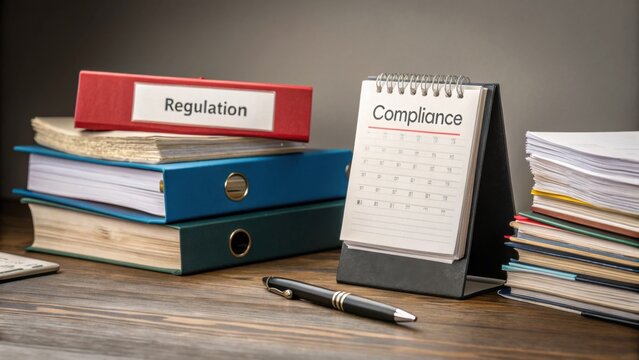A desk with stacked binders labeled "Regulation," a calendar showing "Compliance," a pen, and a pile of organized documents.