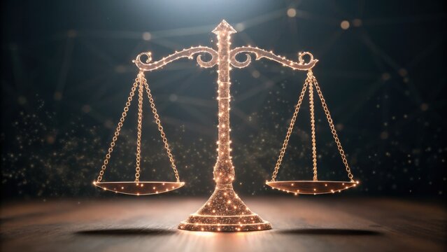A glowing golden balance scale symbolizes justice, fairness, and law against a dark, sparkling background.