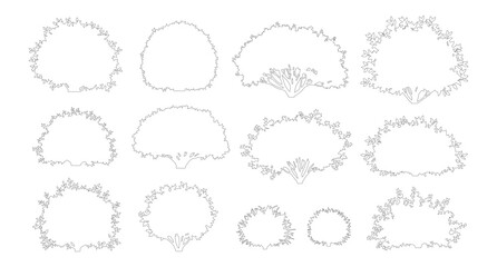 Obraz premium Minimalist bush line art icons, set of 12 garden shrub vector outlines, botanical plant silhouettes for landscape architecture and garden design